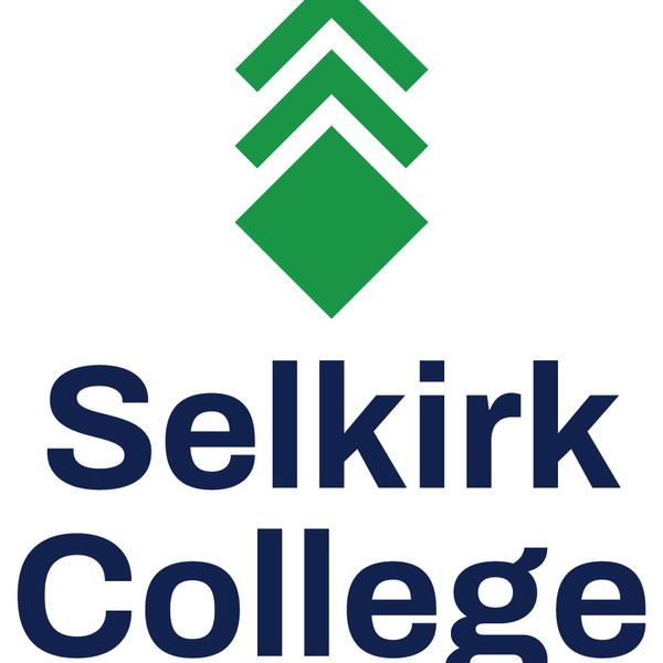 Selkirk College in blue letters with a green square and two green lines pointing up